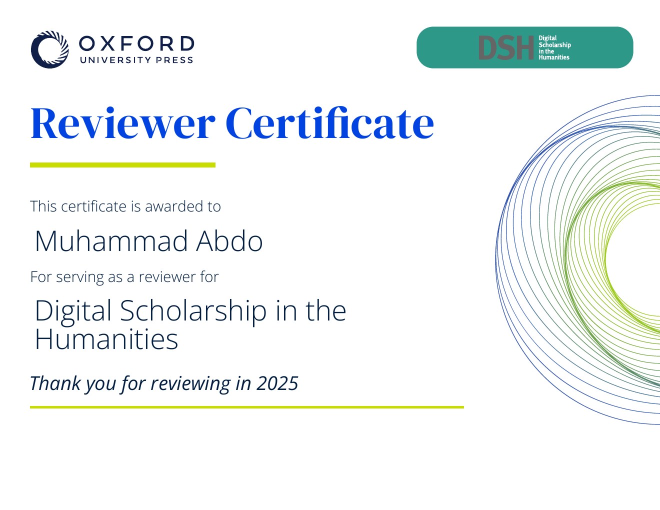Digital Scholarship in the Humanities reviewer certificate awarded to Muhammad Abdo
