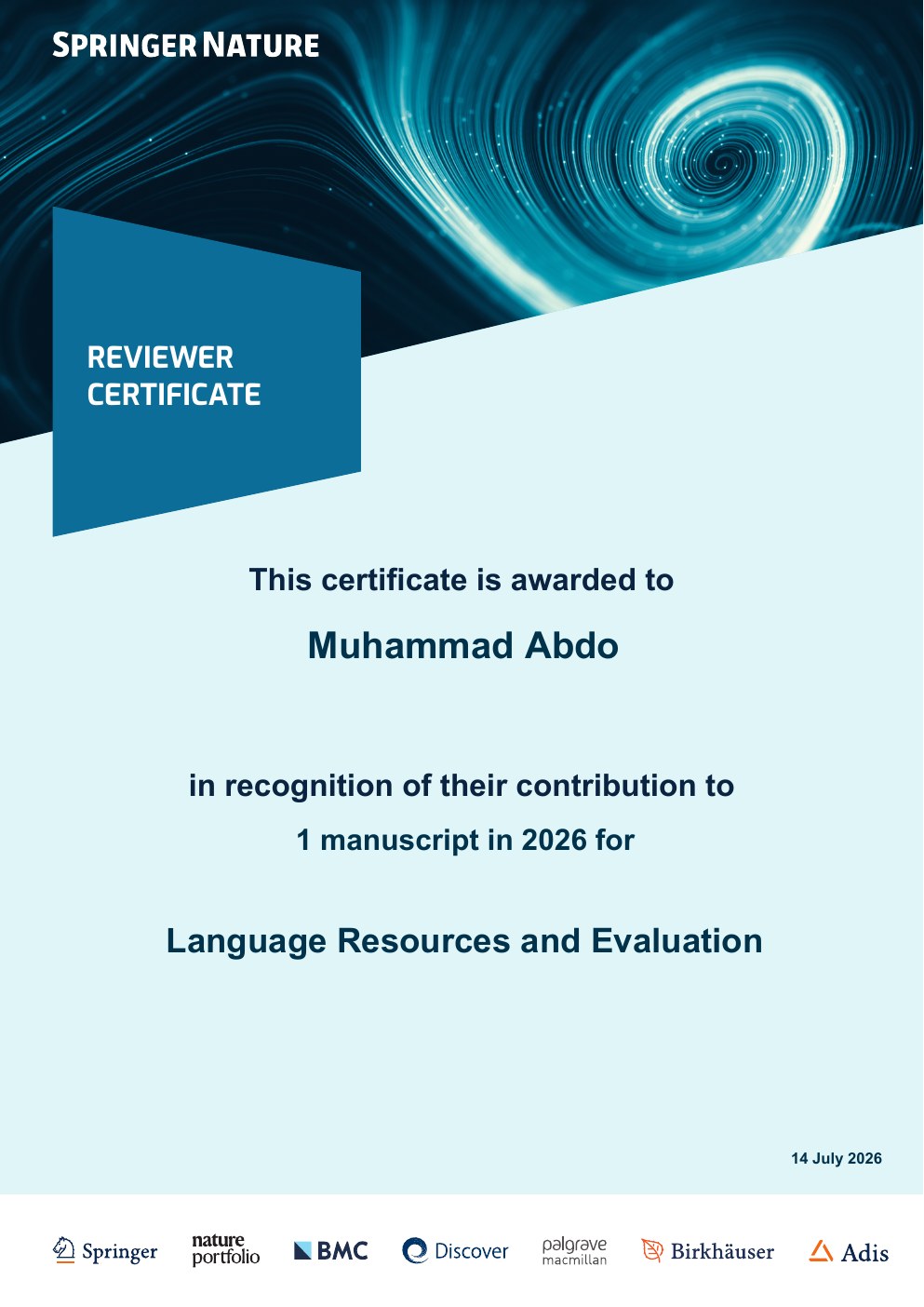 Language Resources and Evaluation reviewer certificate awarded to Muhammad Abdo